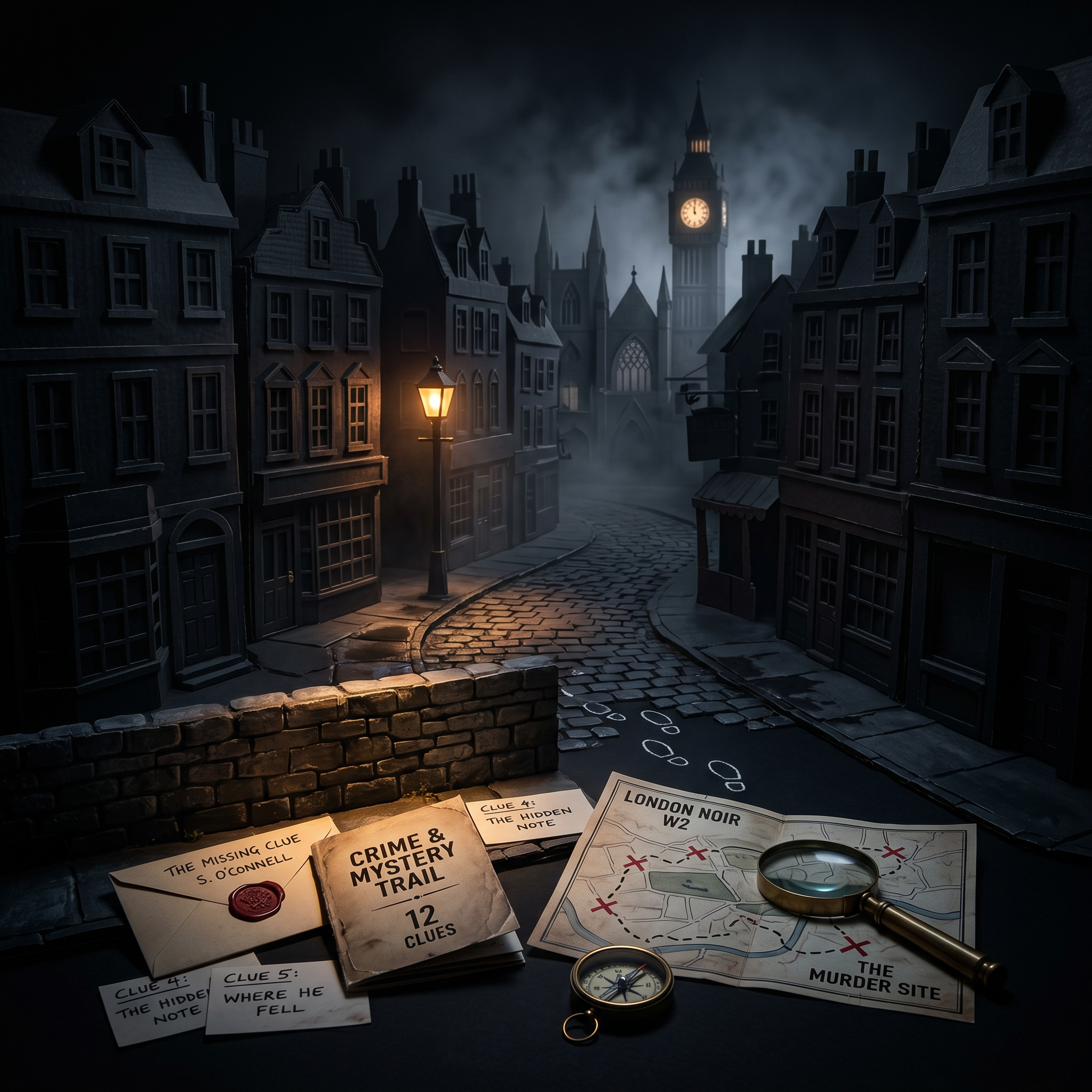 Unsolved Trails self-guided city murder mystery — dark cardboard diorama