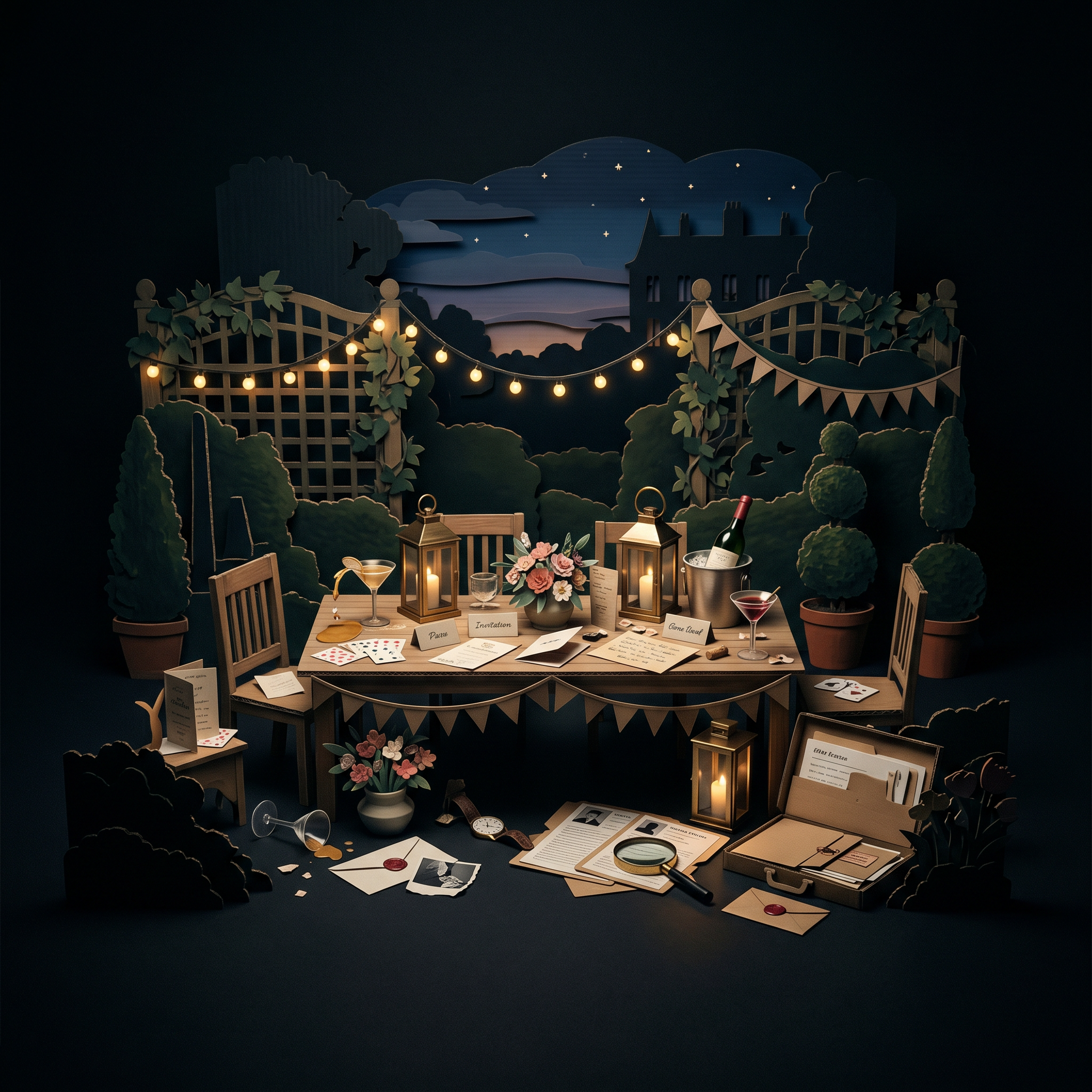 Summer party murder mystery games — cardboard cutout diorama