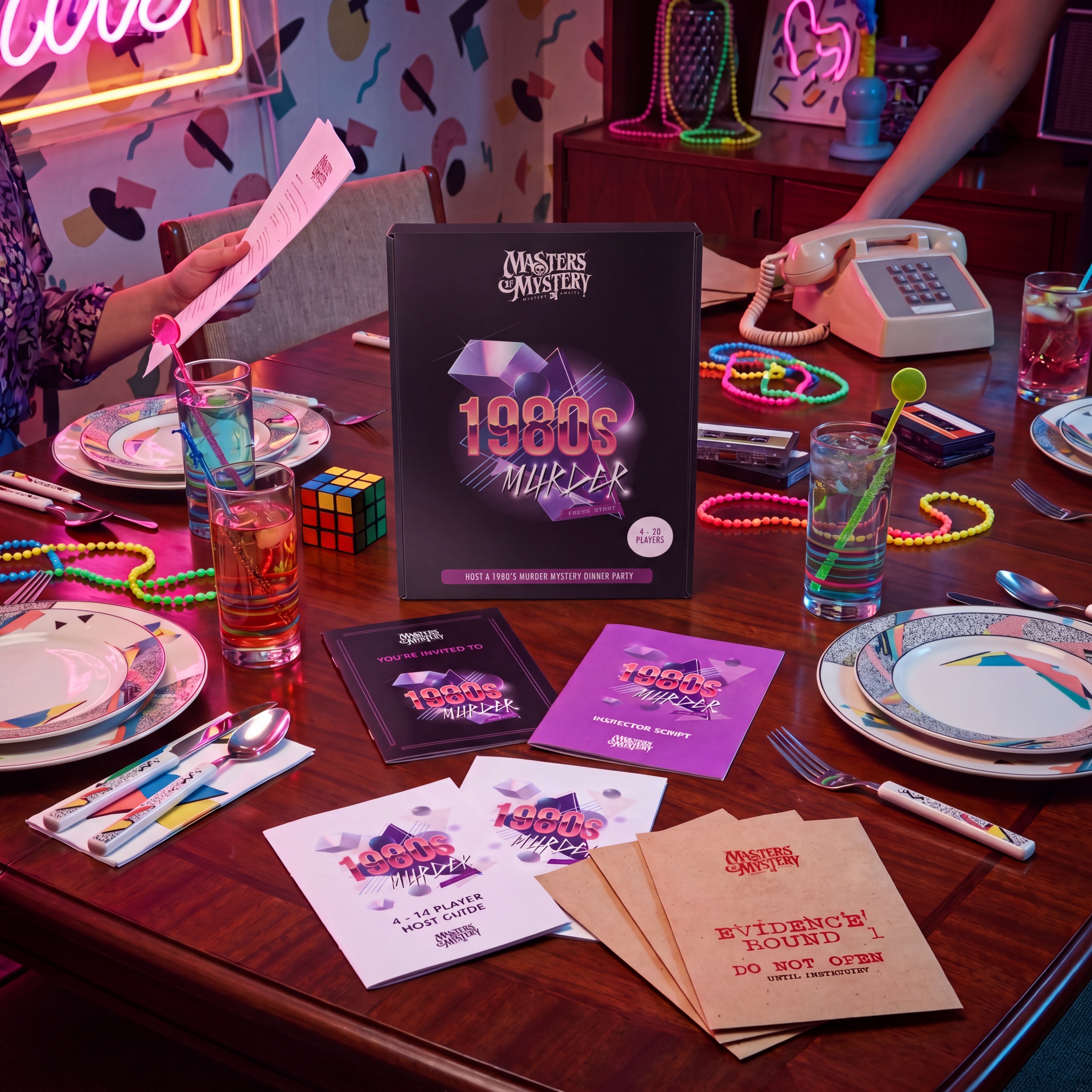 1980s Murder Mystery Game arranged on a themed dinner table – 1x1 lifestyle image — image 5