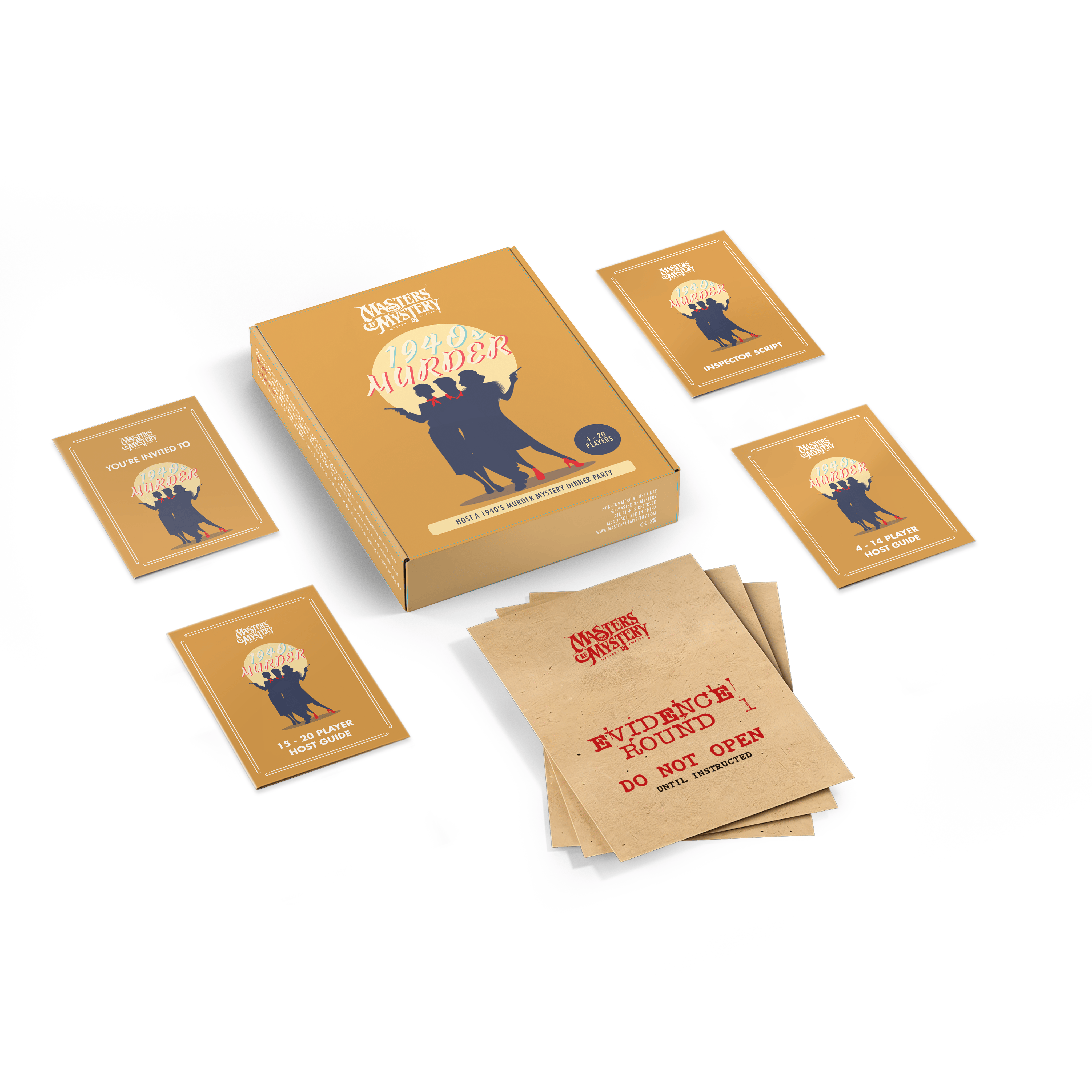 1940s Murder Mystery game box with contents