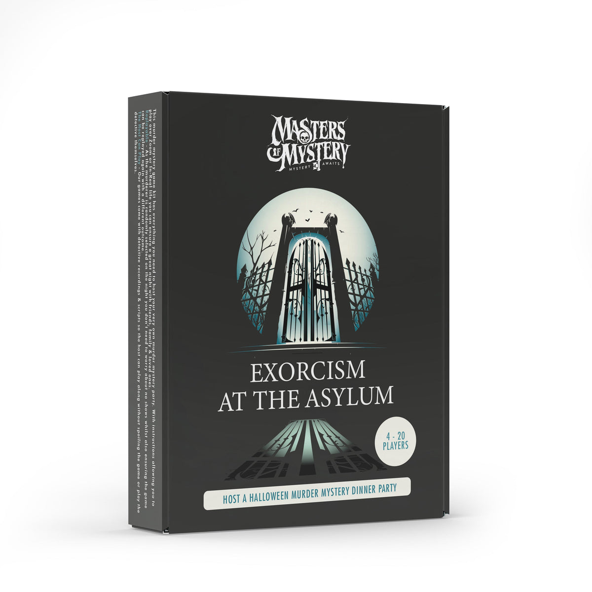 Exorcism & Asylum Murder Mystery game box, angled