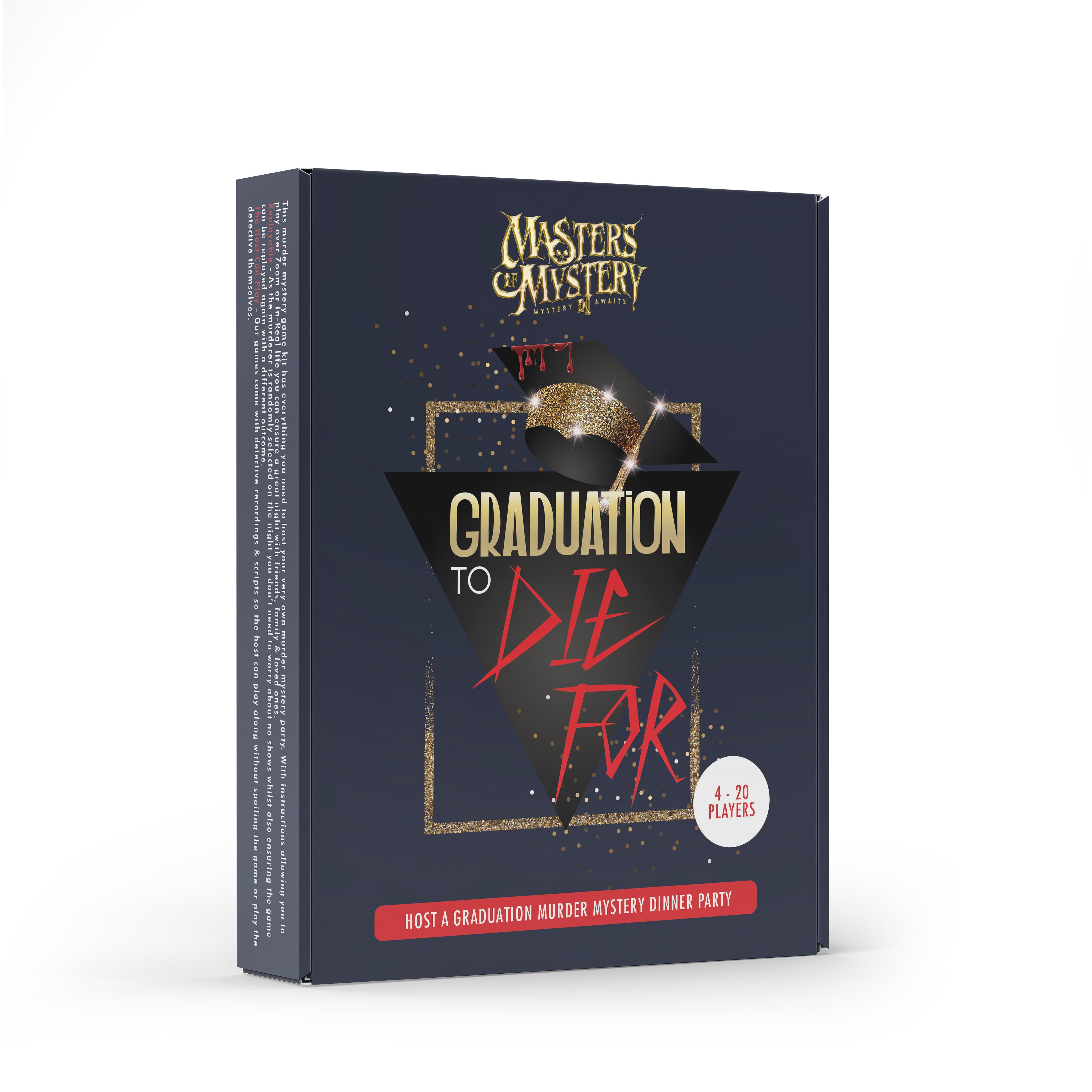 Graduation Murder Mystery game box, angled