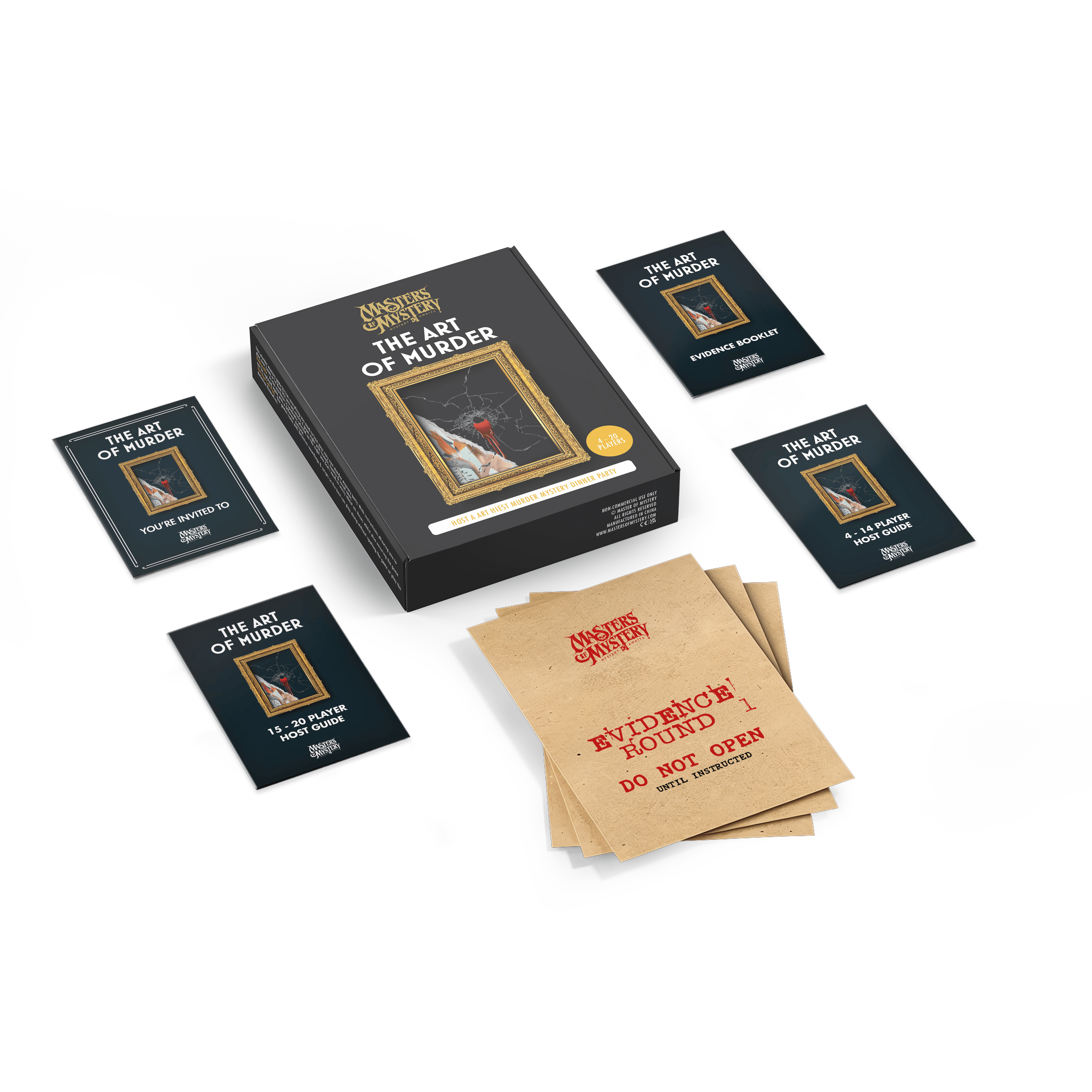 Art Gallery Murder Mystery game box with contents