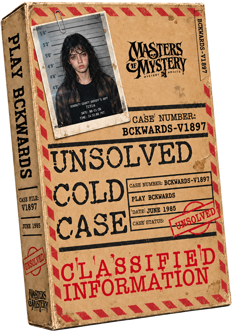 Play Bckwards boxed cold case file game, front and spine