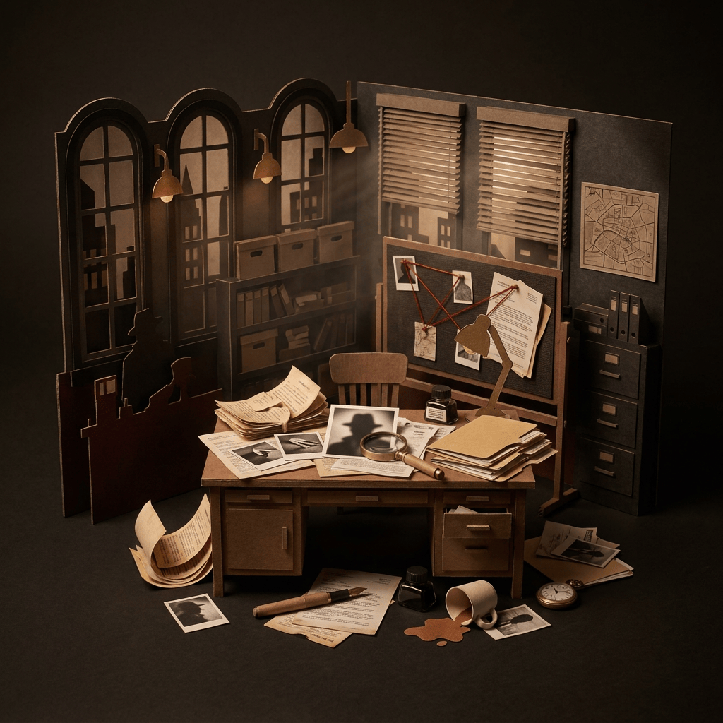 Detective analysing case documents — cardboard diorama