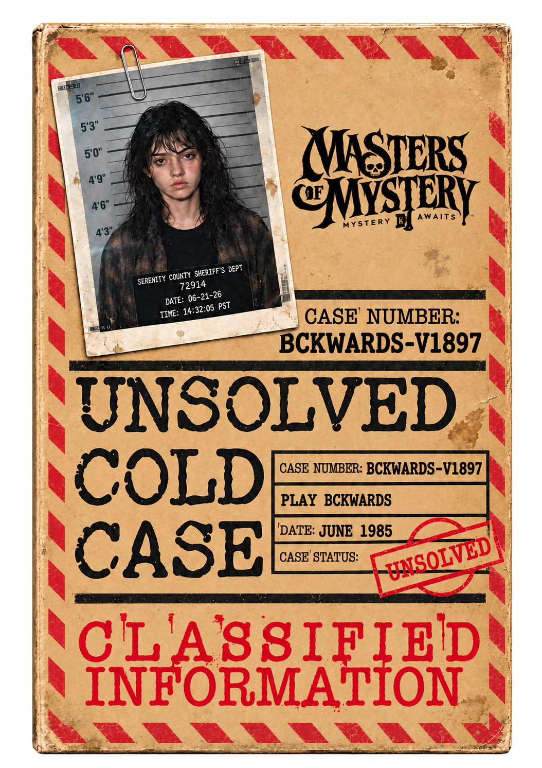 Play Bckwards 1980s cold case game front cover with mugshot and unsolved case stamp