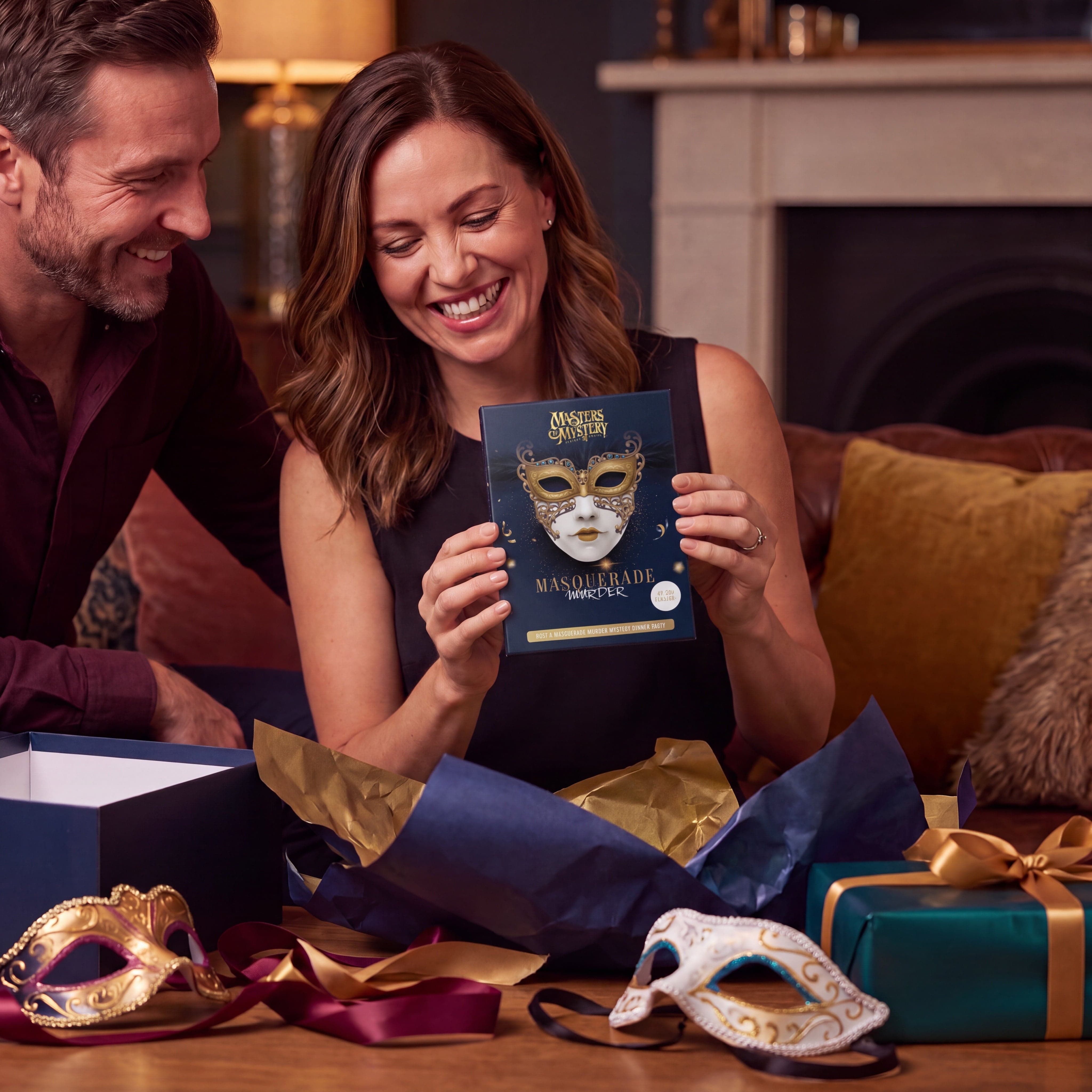 Masquerade Ball Murder Mystery Game boxed game being given as a gift – 1x1 lifestyle image — immagine 7