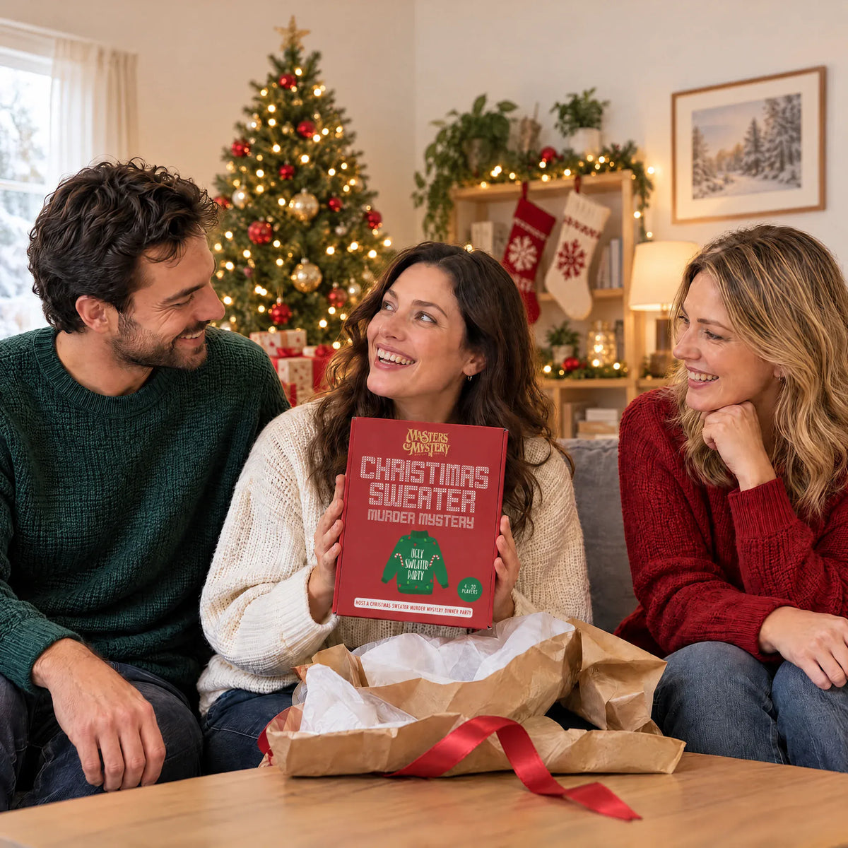 Office Christmas Sweater Murder Mystery by Masters of Mystery presented as a gift at home.