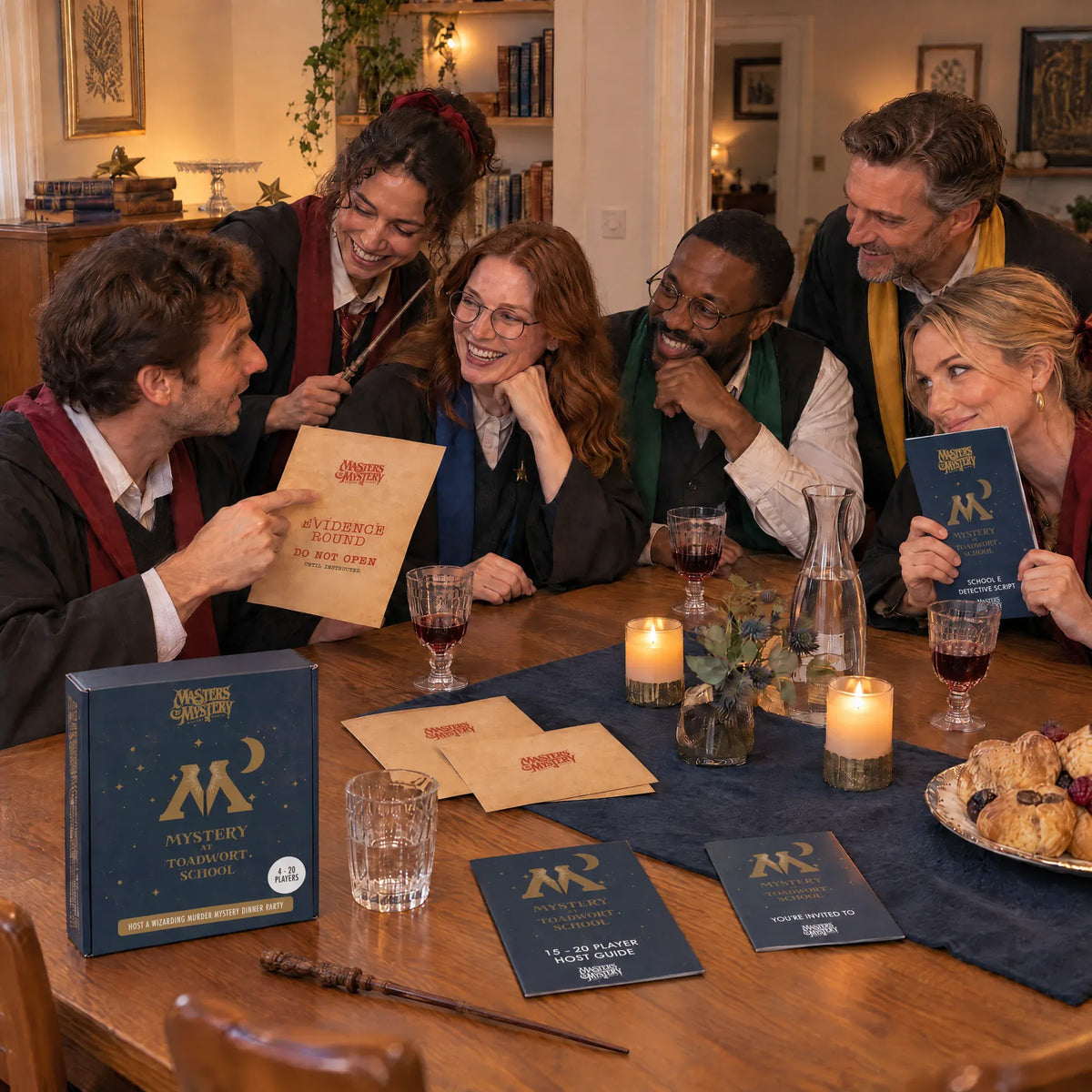 Friends playing Toadwort School of Magic & Mayhem by Masters of Mystery, with the game box and booklets.
