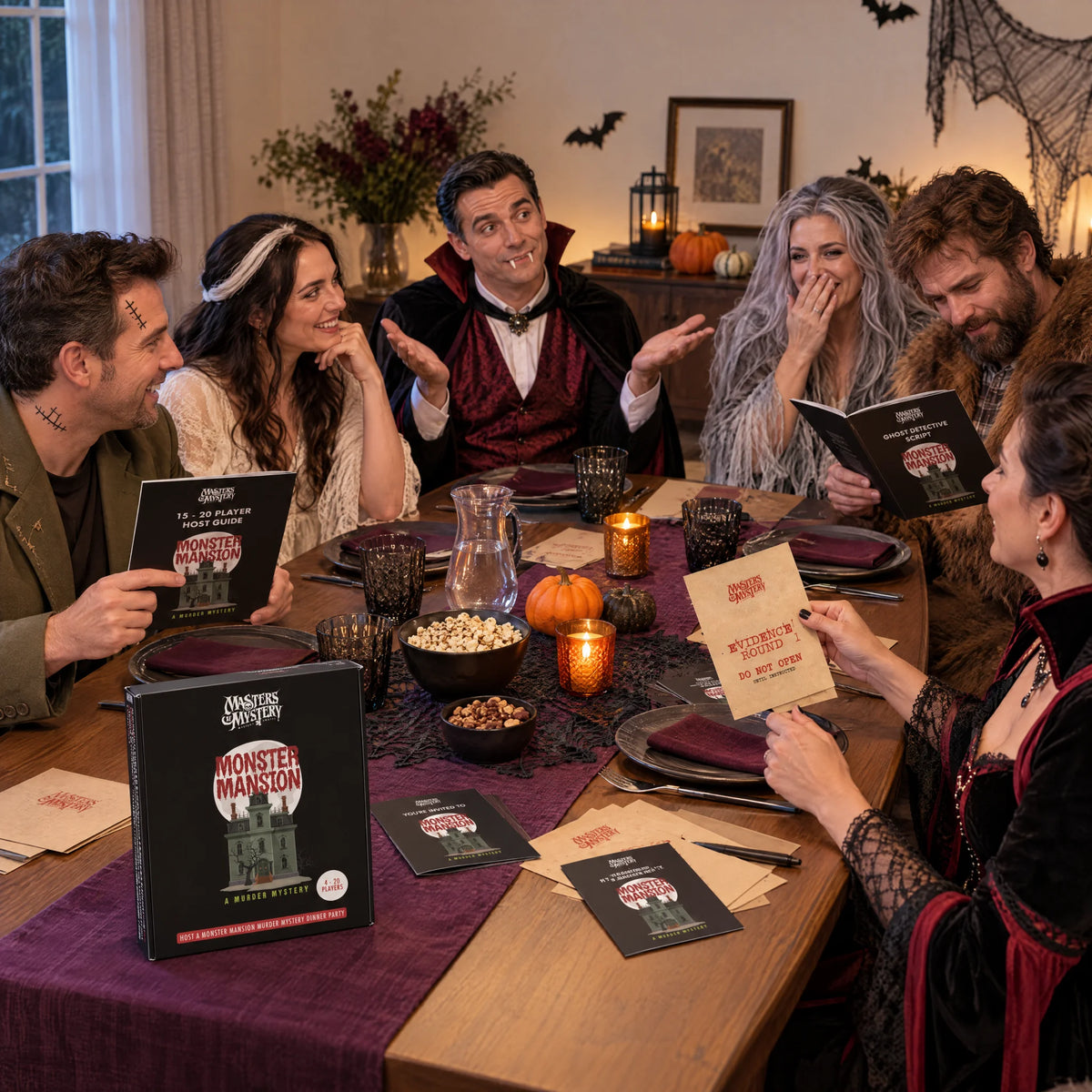 Friends playing Mystery at Monster Mansion by Masters of Mystery, with the game box and booklets.