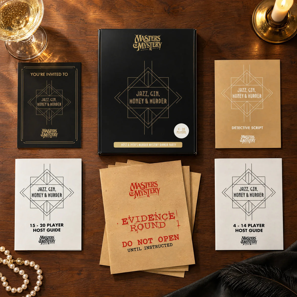 Jazz, Gin, Money & Murder by Masters of Mystery: game box and contents in a themed flat lay.