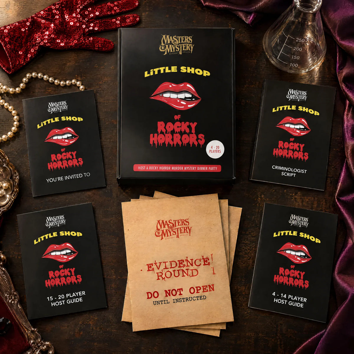 Little Shop of Rocky Horrors by Masters of Mystery: game box and contents in a themed flat lay.