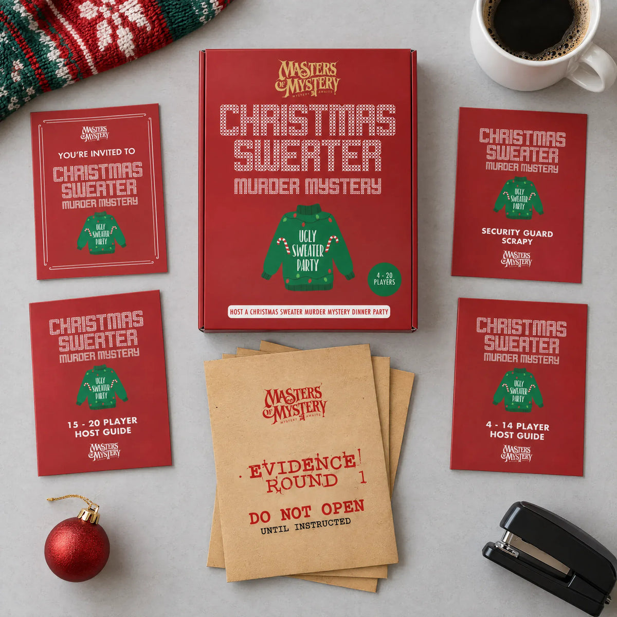 Office Christmas Sweater Murder Mystery by Masters of Mystery: game box and contents in a themed flat lay.
