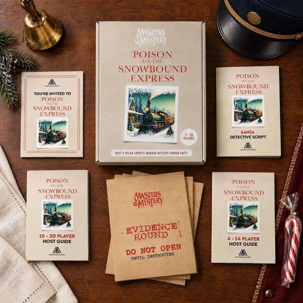 Poison on the Snowbound Express by Masters of Mystery: game box and contents in a themed flat lay.