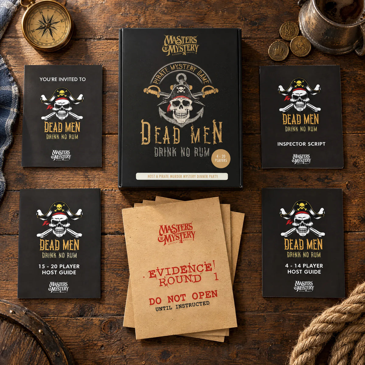 Dead Men Drink No Rum by Masters of Mystery: game box and contents in a themed flat lay.