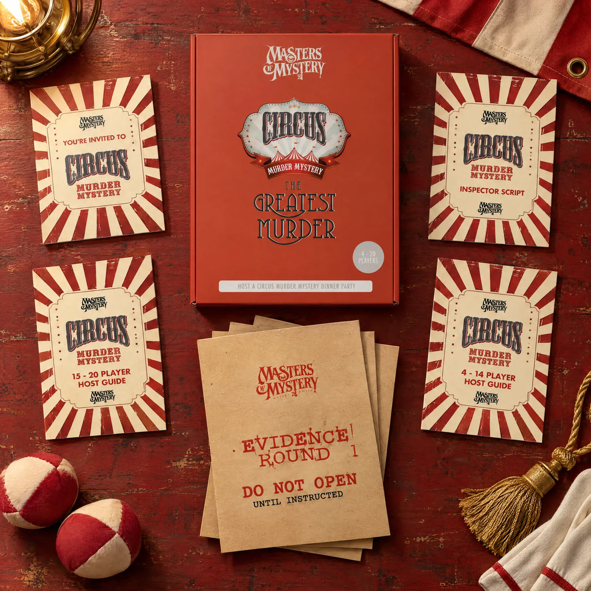 Murder at the Big Top by Masters of Mystery: game box and contents in a themed flat lay.