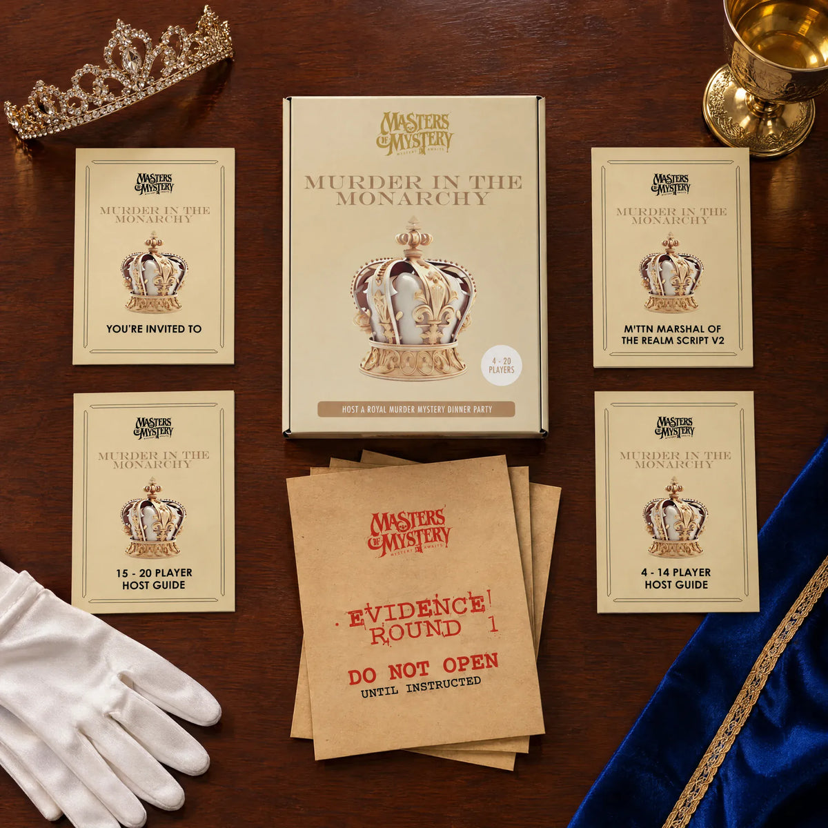 Murder in the Monarchy by Masters of Mystery: game box and contents in a themed flat lay. — image 2