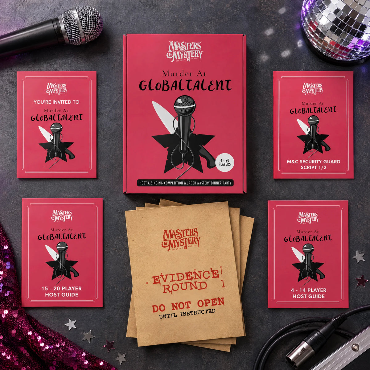 Murder at a Singing Competition by Masters of Mystery: game box and contents in a themed flat lay.