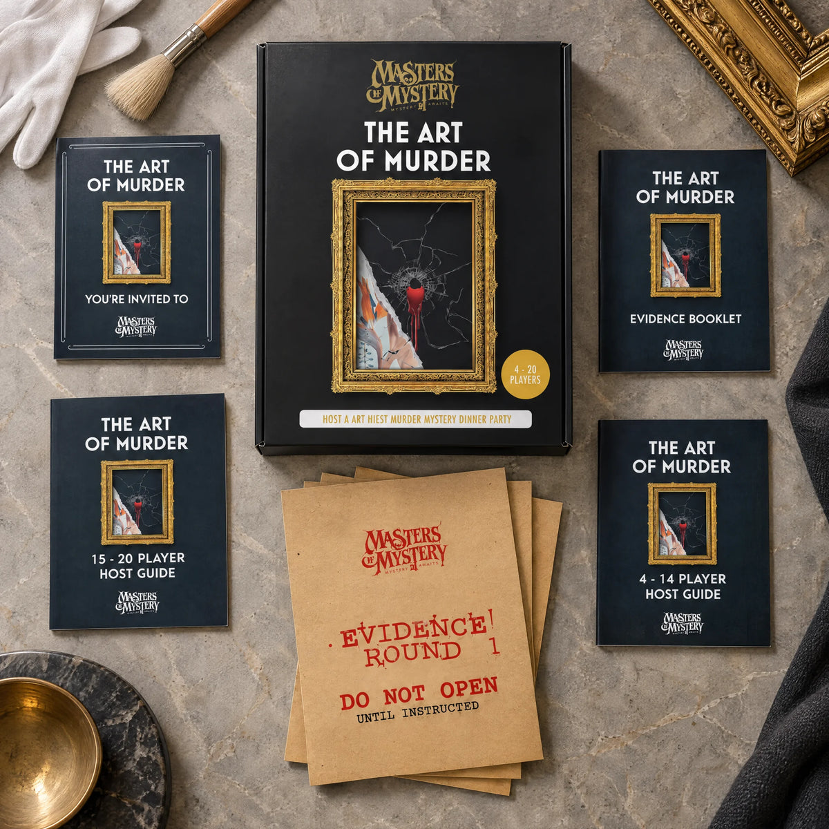 The Art of Murder by Masters of Mystery: game box and contents in a themed flat lay.