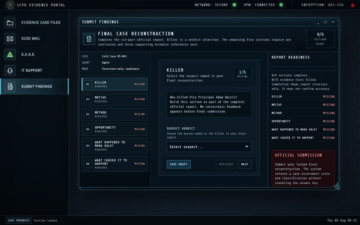 The final case report inside the Masters of Mystery investigation portal