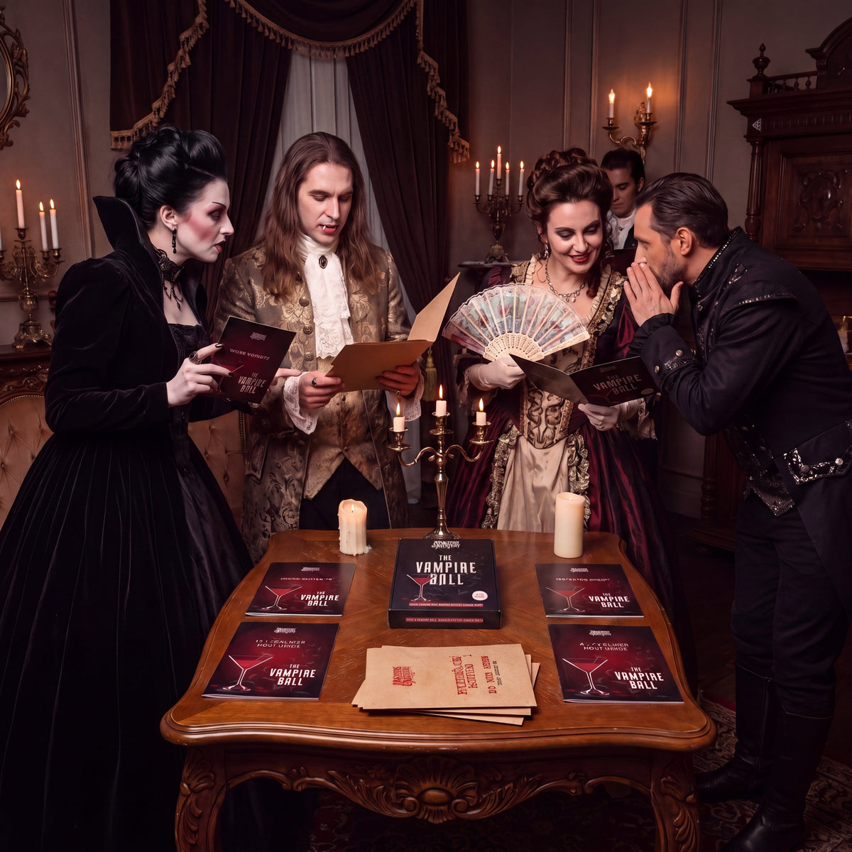 Vampire Ball Murder Mystery Game being played by guests at a themed party – 1x1 lifestyle image — immagine 6