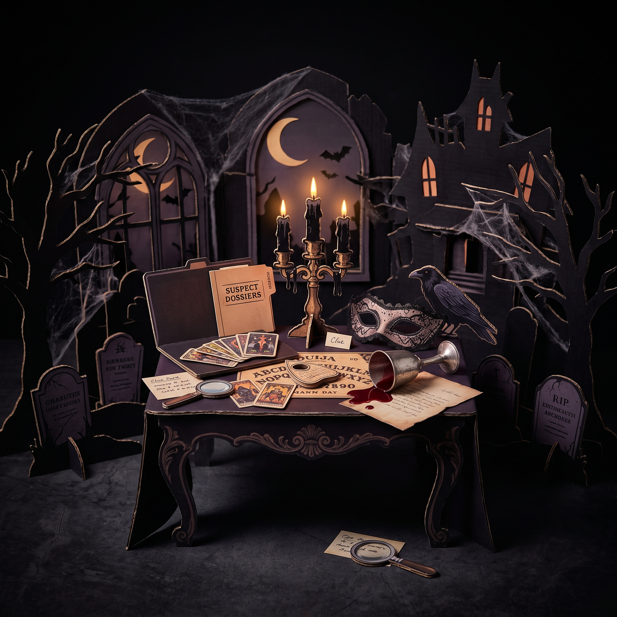 Halloween murder mystery games — cardboard cutout diorama