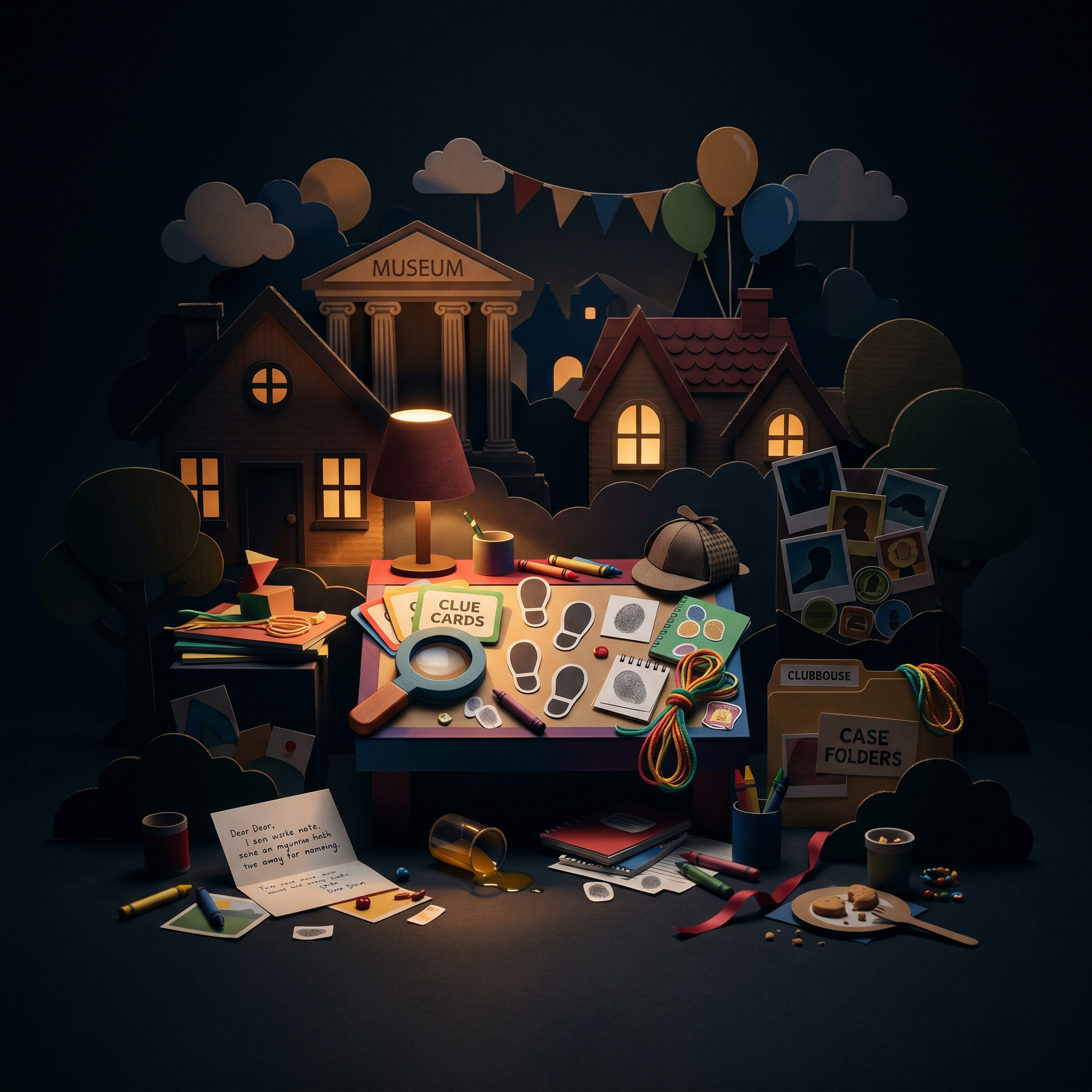 Kids murder mystery games — cardboard cutout diorama