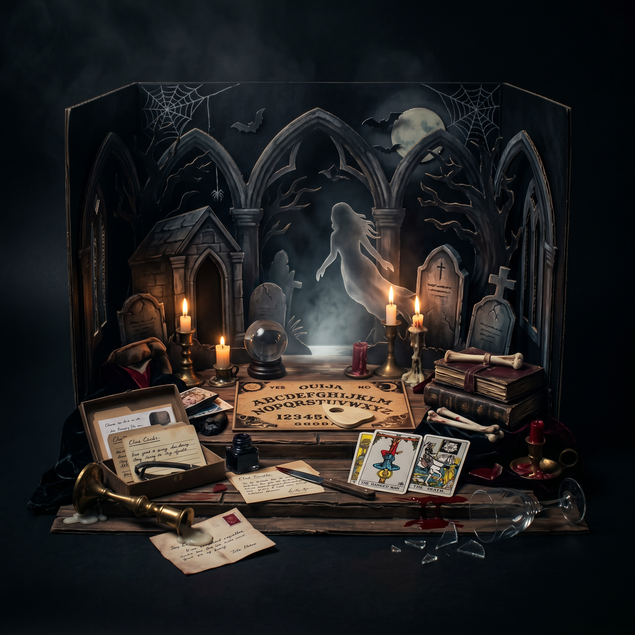 Spooky and supernatural murder mystery games — cardboard cutout diorama