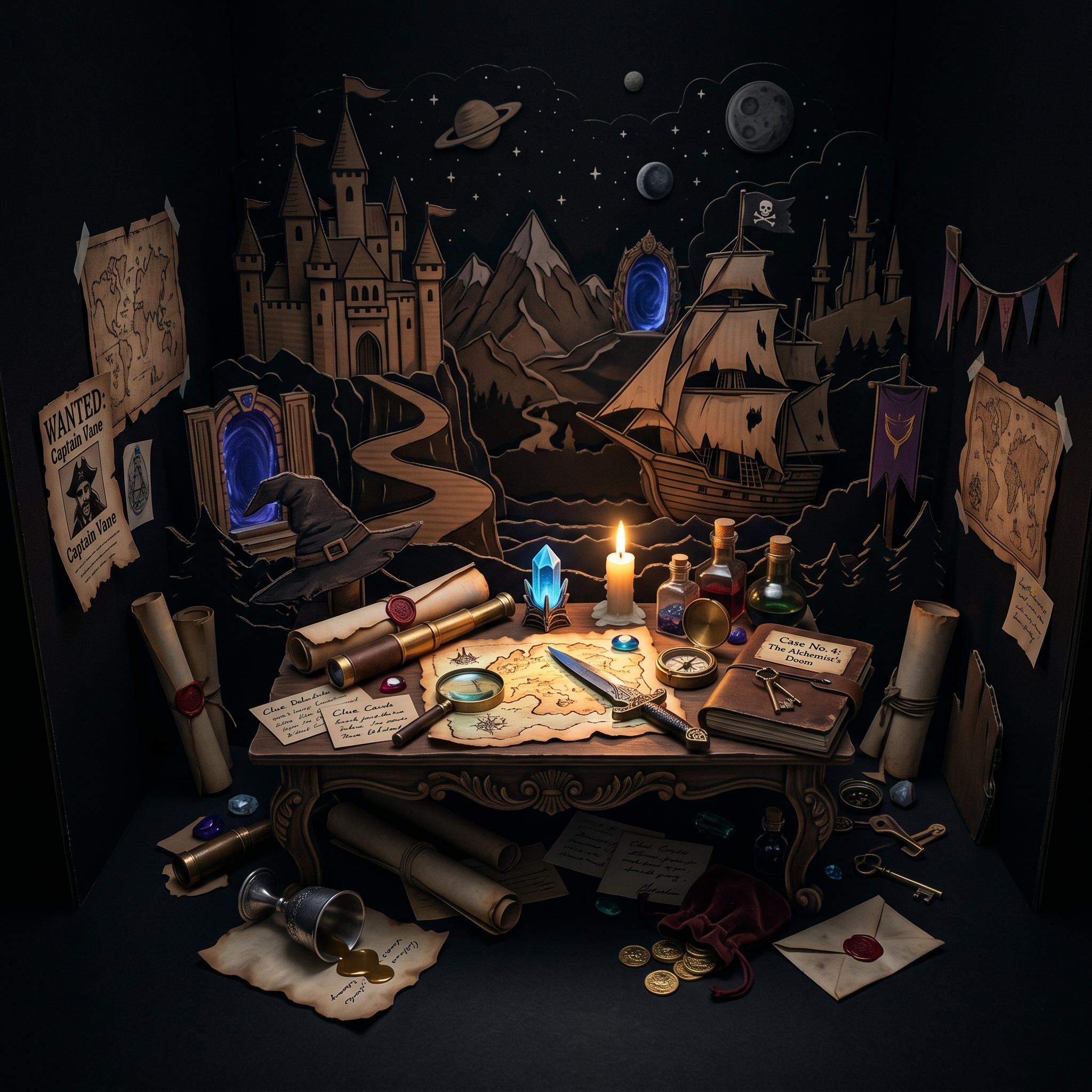 Fantasy, sci-fi and adventure murder mystery games — cardboard cutout diorama
