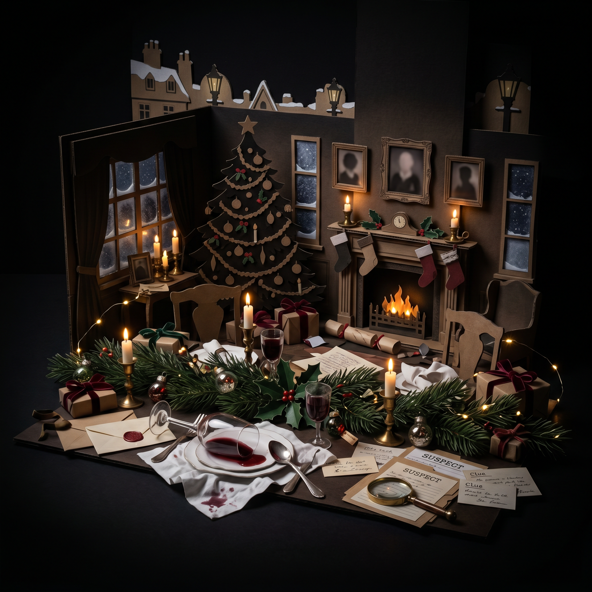 Christmas murder mystery games — cardboard cutout diorama