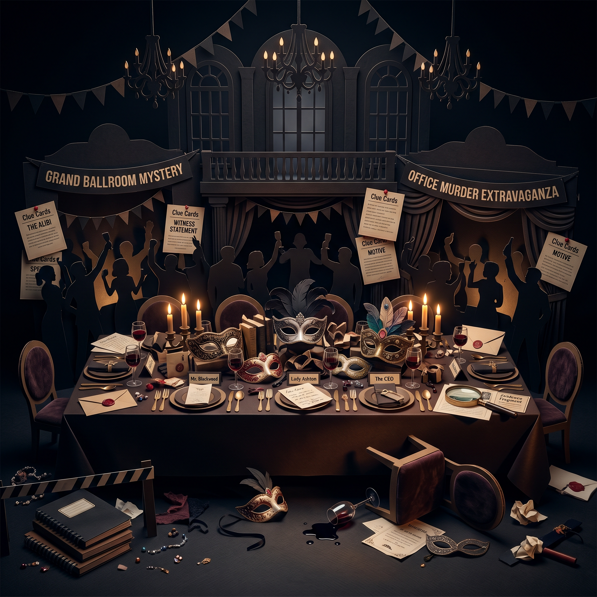 Large group and office party murder mystery games — cardboard cutout diorama