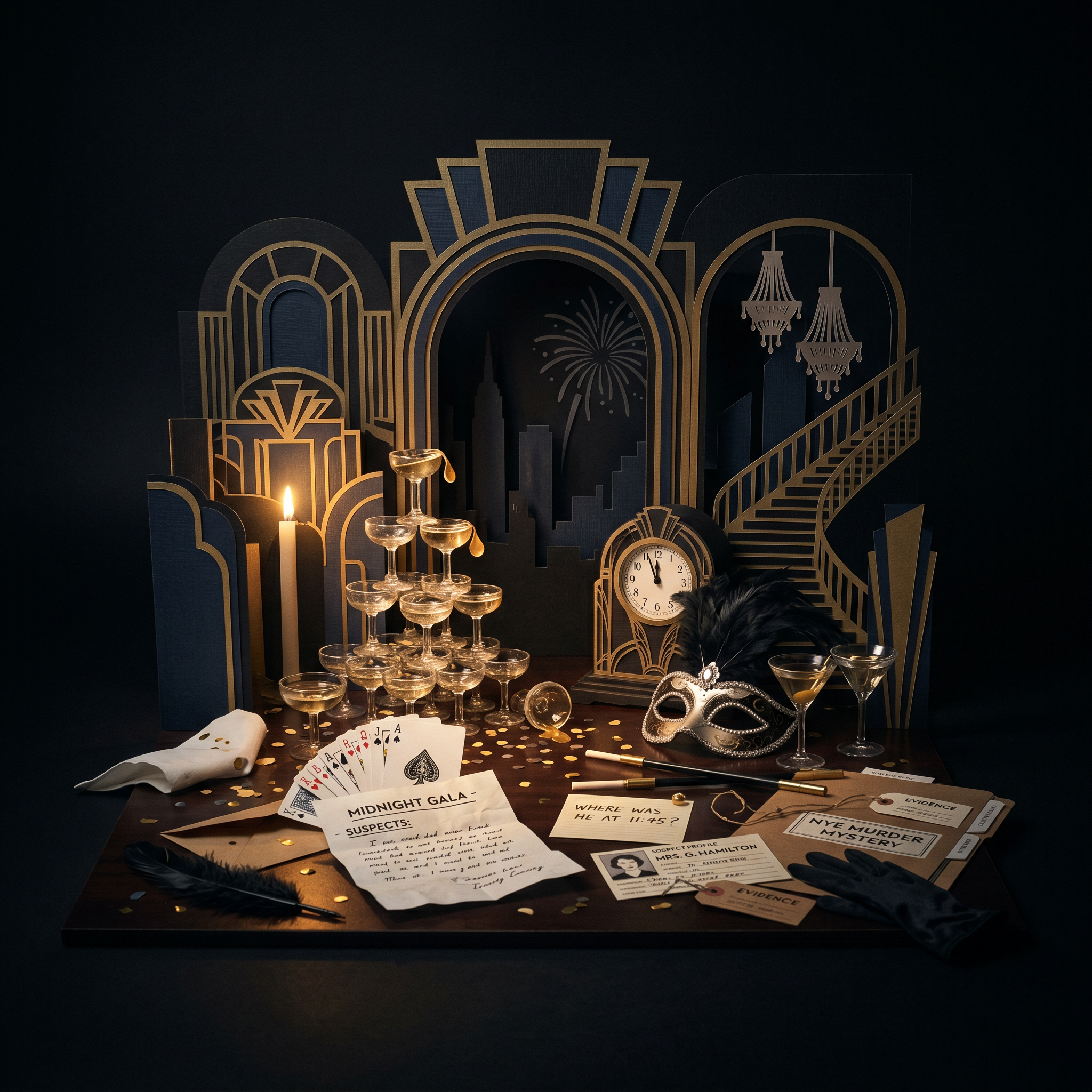 New Year's Eve murder mystery games — cardboard cutout diorama
