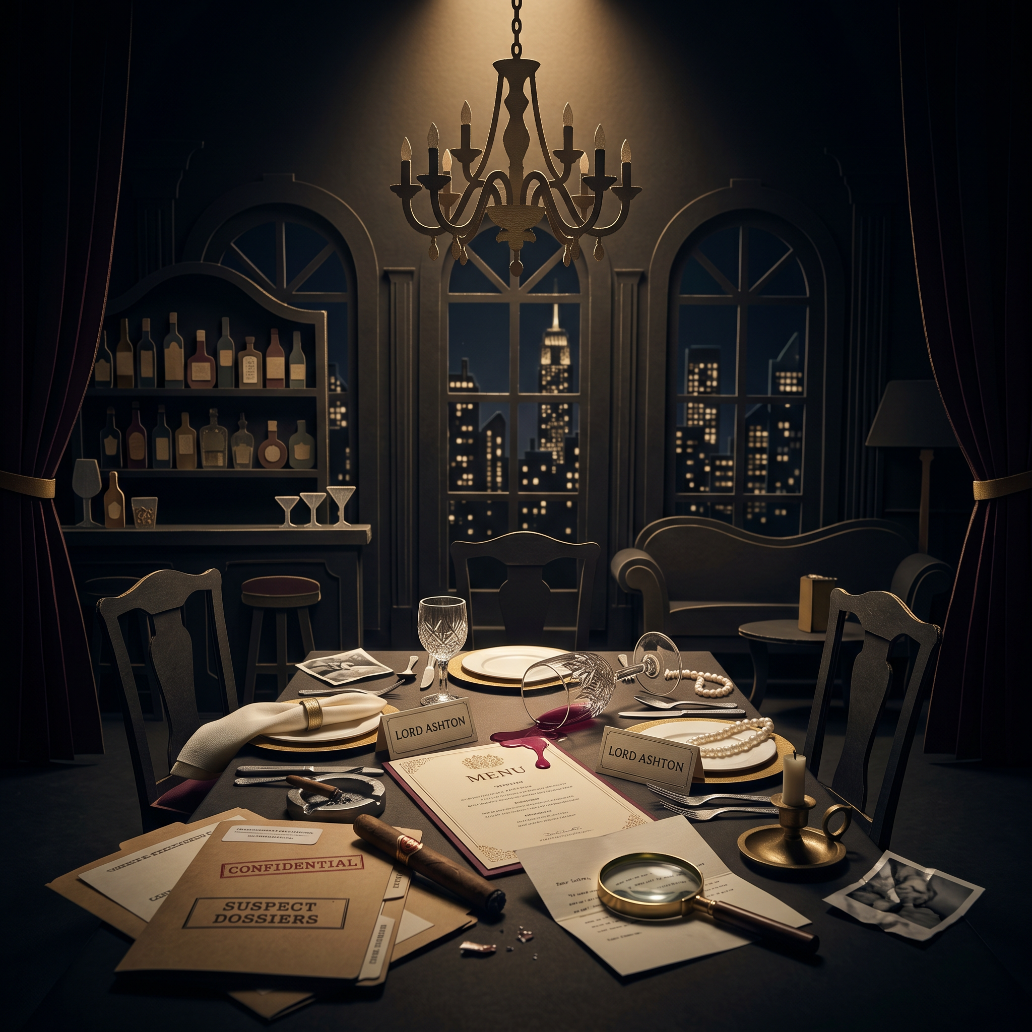 Adult murder mystery games — cardboard cutout diorama