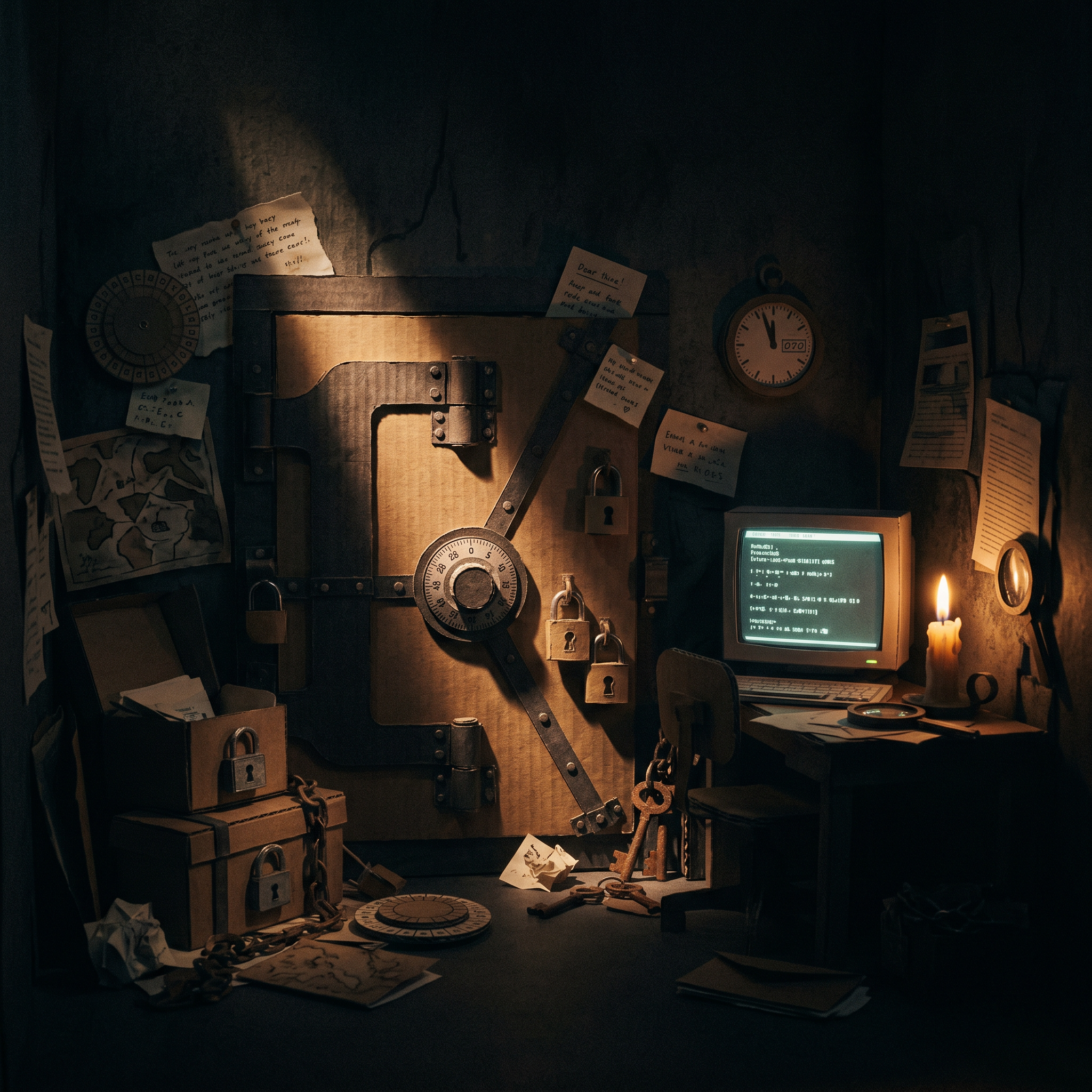 Online escape room murder mystery — dark cardboard diorama