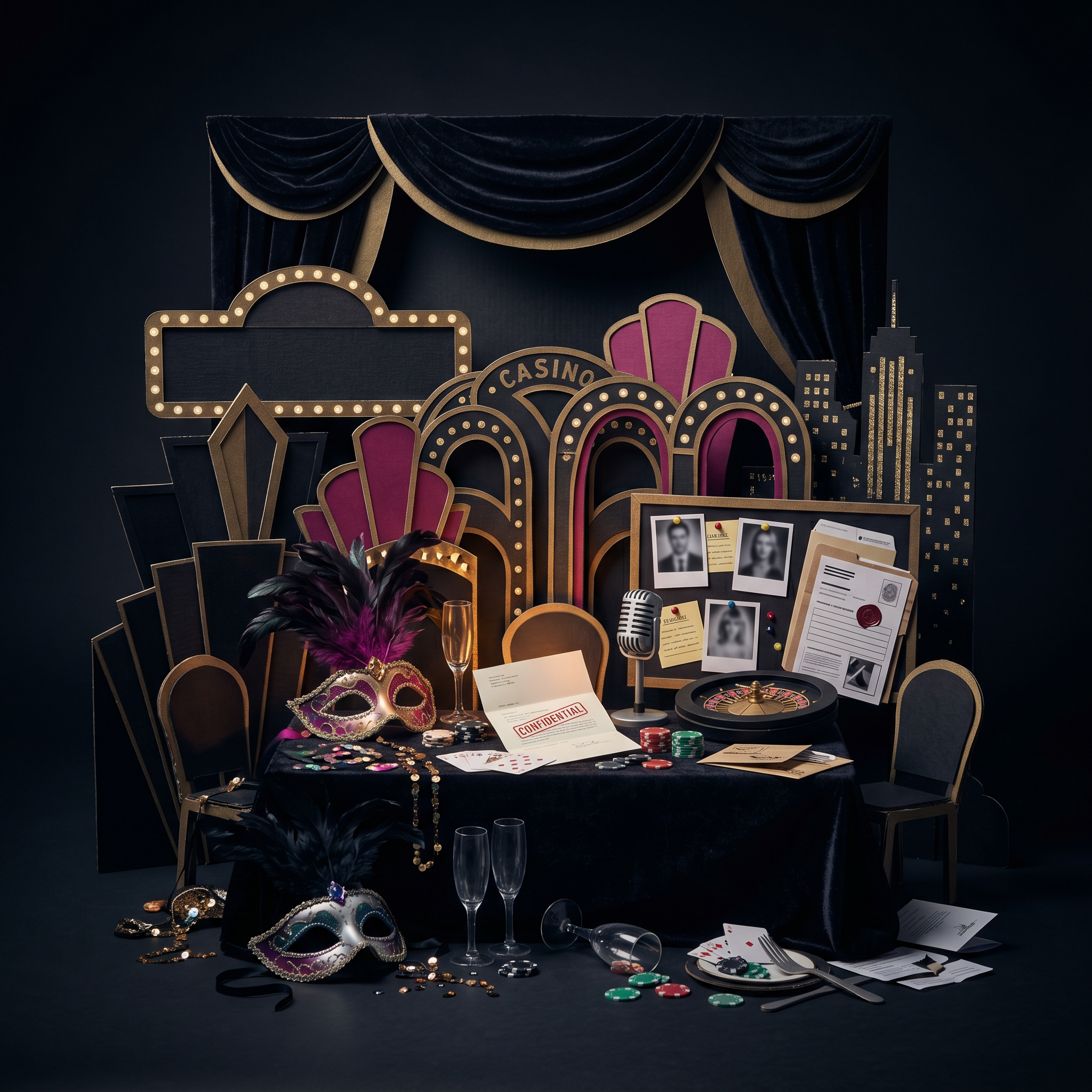 Party, glamour and pop culture murder mystery games — cardboard cutout diorama