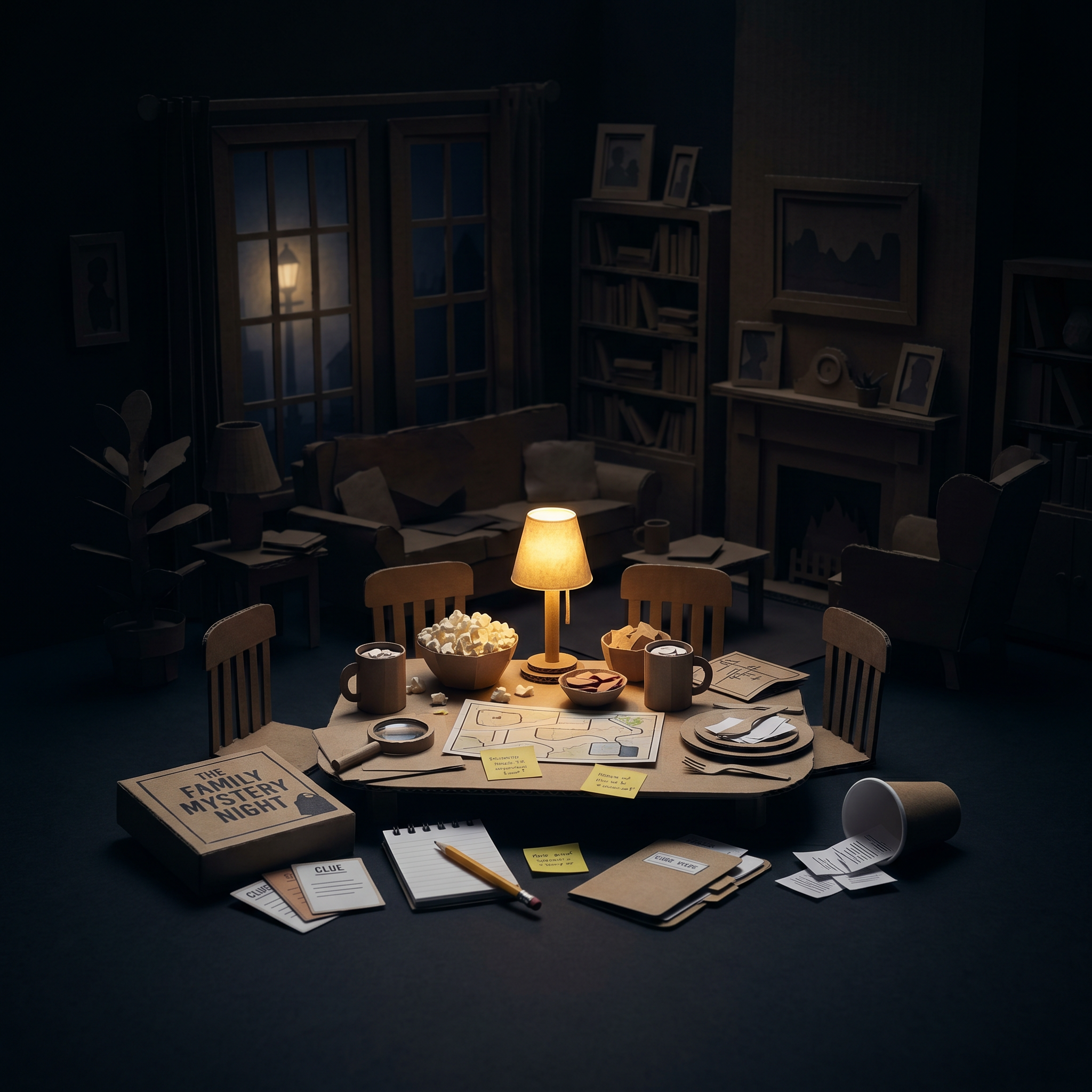 Family murder mystery games — cardboard cutout diorama