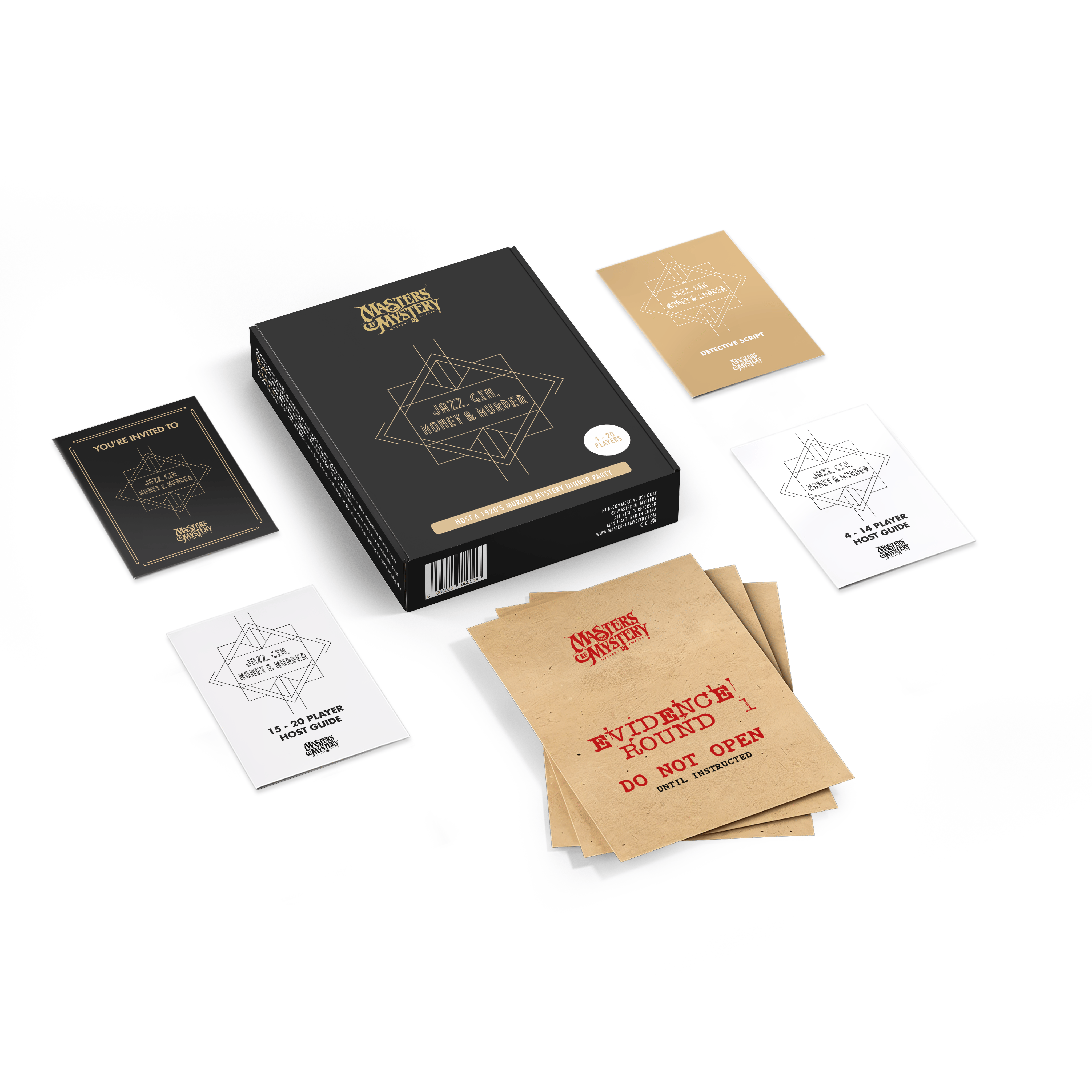1920s Murder Mystery — box with contents: invitation, detective script, host guides and evidence envelopes