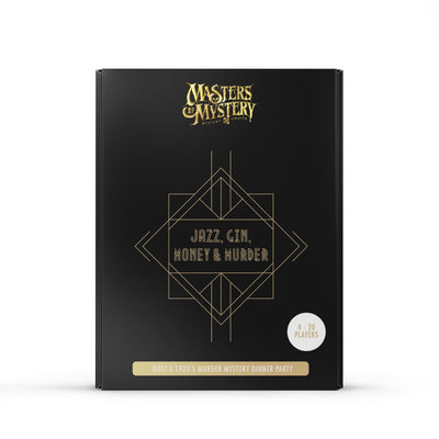 Masters of Mystery 1920s Murder Mystery — Jazz, Gin, Money & Murder box, front