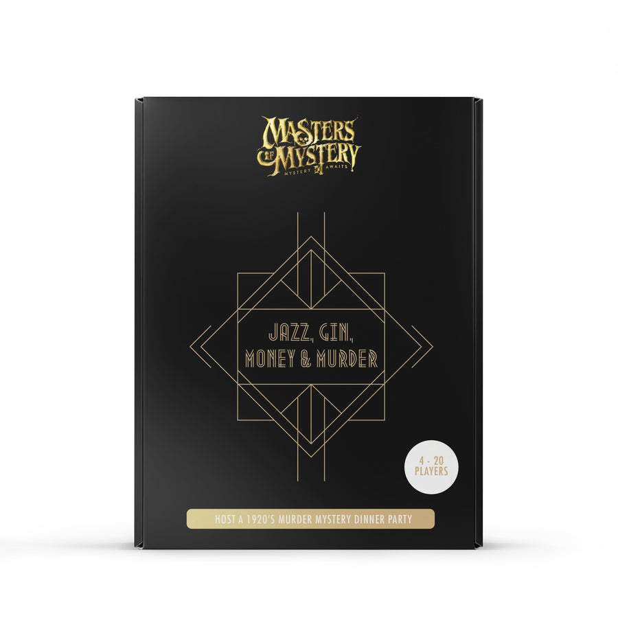 Masters of Mystery 1920s Murder Mystery — Jazz, Gin, Money & Murder box, front