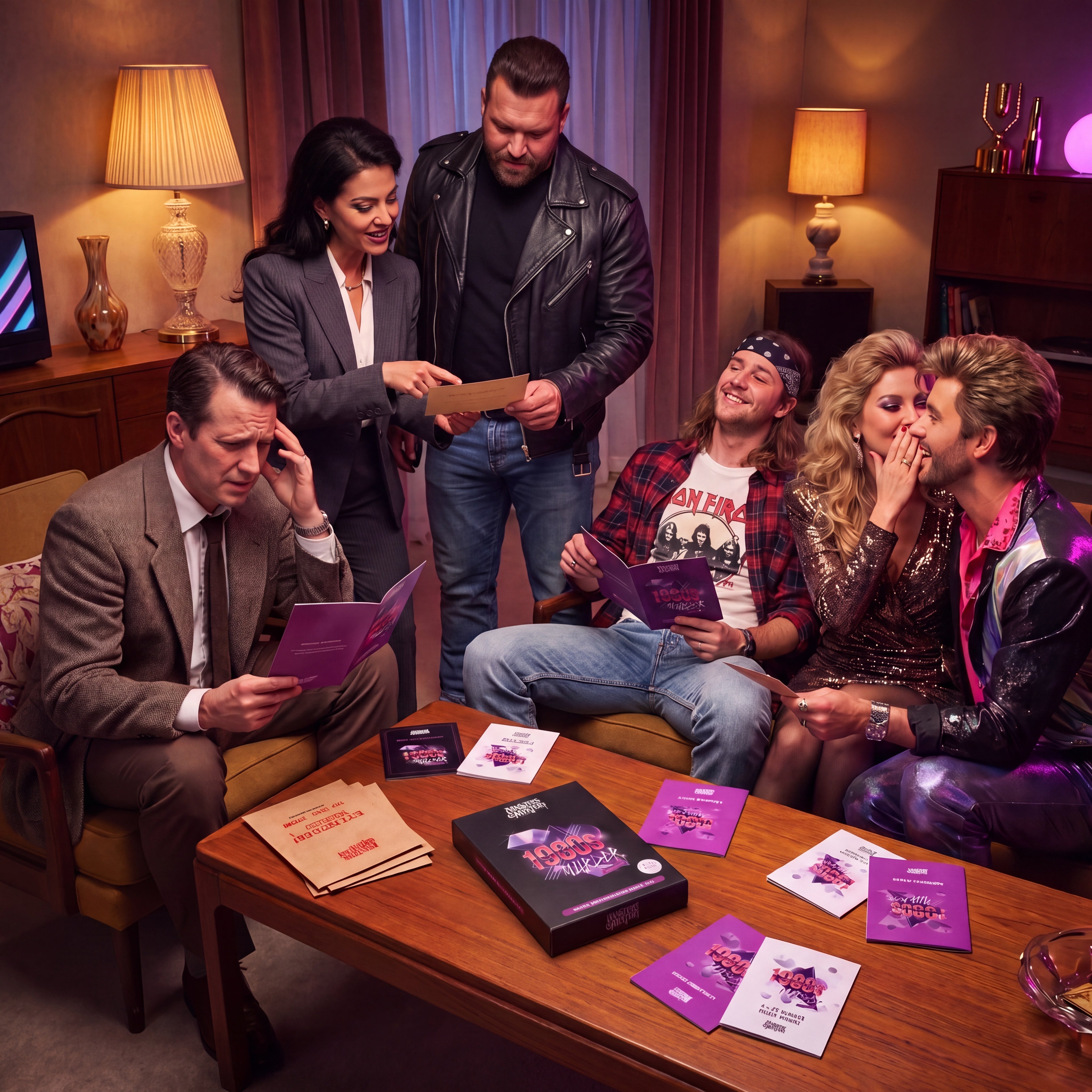 1980s Murder Mystery Game being played by guests at a themed party – 1x1 lifestyle image — image 6