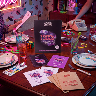 1980s Murder Mystery Game arranged on a themed dinner table – 1x1 lifestyle image