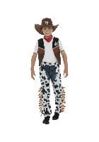 Texan Cowboy Fancy Dress Costume in Brown with Hat, Neck Tie, Waistcoat, Badge & Chaps