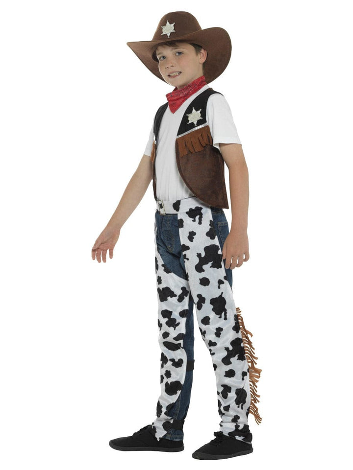 Texan Cowboy Fancy Dress Costume in Brown with Hat, Neck Tie, Waistcoat, Badge & Chaps