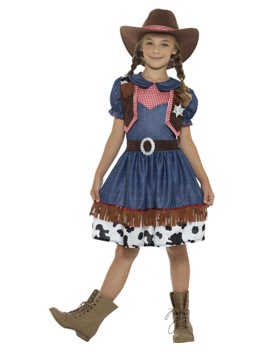 Blaues texanisches Cowgirl-Kostüm mit Kleid, Weste und Hut – Kostüm-Outfit