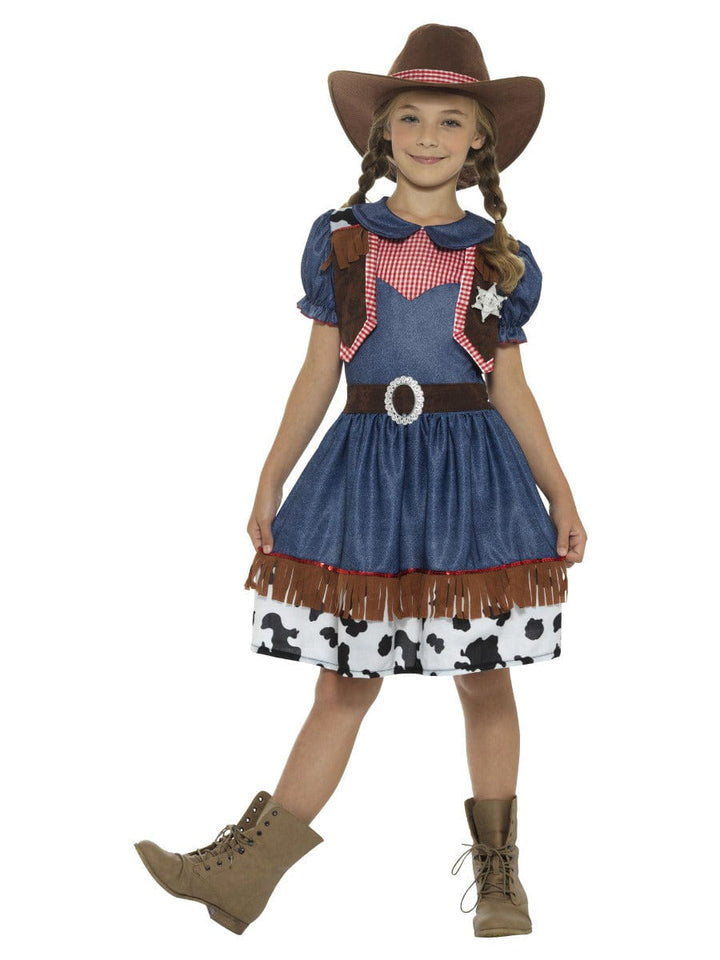 Blue Texan Cowgirl Costume with Dress, Waistcoat & Hat - Fancy Dress Outfit