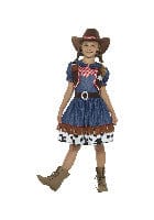 Blaues texanisches Cowgirl-Kostüm mit Kleid, Weste und Hut – Kostüm-Outfit