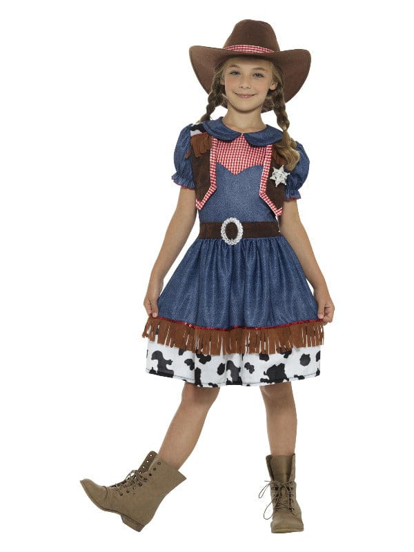 Blaues texanisches Cowgirl-Kostüm mit Kleid, Weste und Hut – Kostüm-Outfit