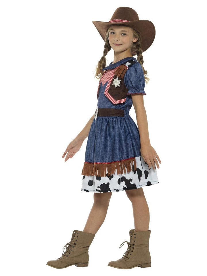 Blaues texanisches Cowgirl-Kostüm mit Kleid, Weste und Hut – Kostüm-Outfit