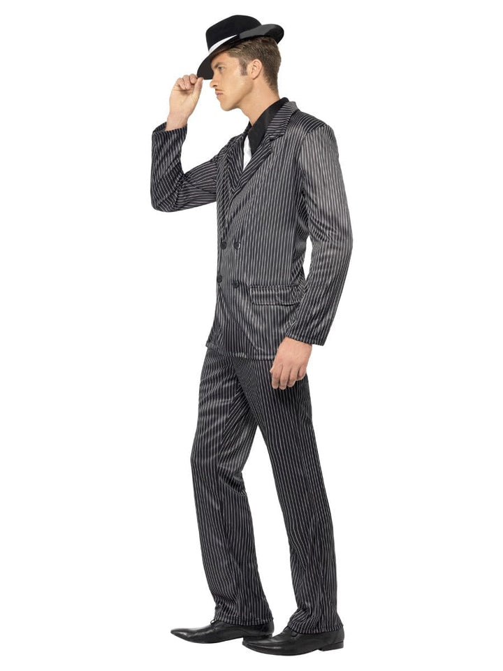 Fancy Dress Gangster-Kostüm in Schwarz mit Nadelstreifen-Jacke und -Hose, Hemd vorne und Krawatte