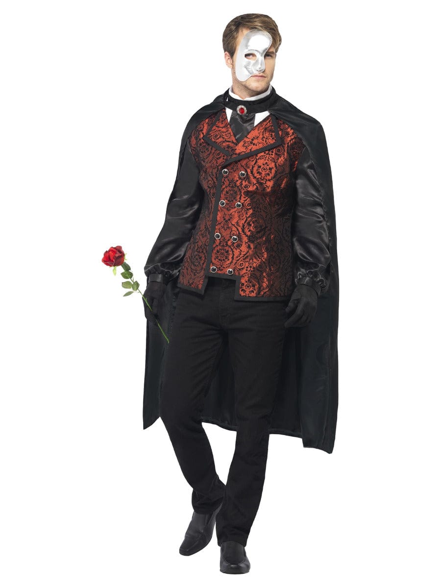 Black Dark Opera Masquerade Costume with Cape, Shirt, Mask, Gloves & Rose - Fancy Dress